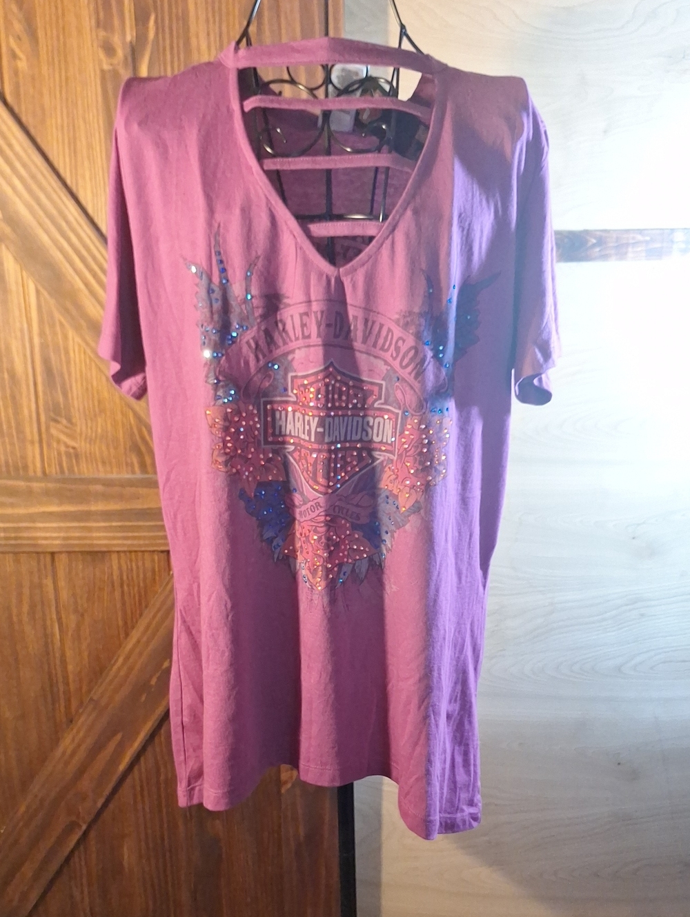 NWT Harley-Davidson Plum V-Neck Tee with Rhinestone Logo